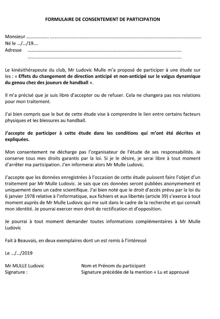 Effets du changement de direction anticipé et non-anticipé sur le valgus dynamique du genou chez des joueurs de handball