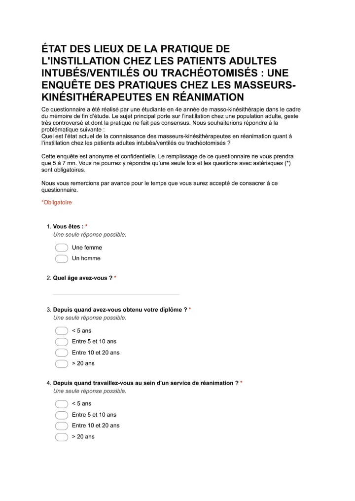L'usage de l'instillation chez les patients adultes intubés/ventilés ou trachéotomisés : une enquête des pratiques chez les masseurs-kinésithérapeutes en service de réanimation